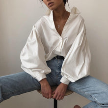 Load image into Gallery viewer, InstaHot Lantern Sleeve Elegant Shirt White Black Sexy Button Vintage Blouse Turn Down Collar Office Ladies Shirt Female Casual