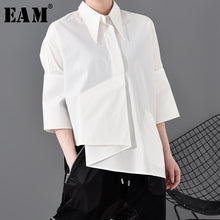 Load image into Gallery viewer, [EAM] Women White Asymmetrical Big Size Blouse New Lapel Three-quarter Sleeve Loose Fit Shirt Fashion Spring Autumn 2020 1R59000
